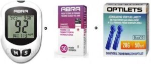 Zestaw Glukometr Abra + Paski testowe Abra 50 szt + Lancety Optilet 50 szt